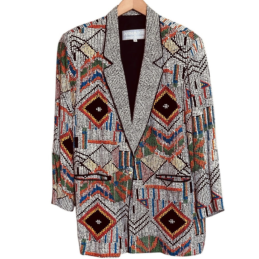 PLATINUM by Dorothy Schoelen Petite Small Aztec Vintage Wearable Art Blazer Top